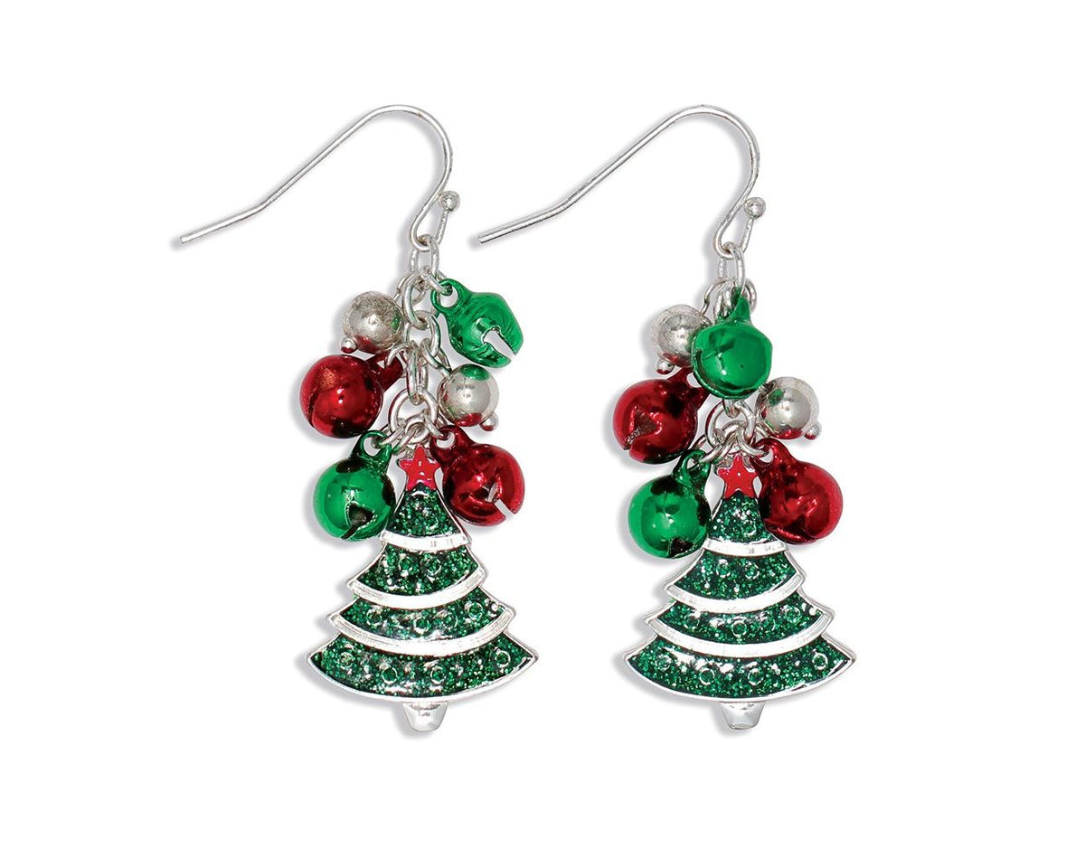 Jingle Bells with Glitter Tree Dangle Earrings
