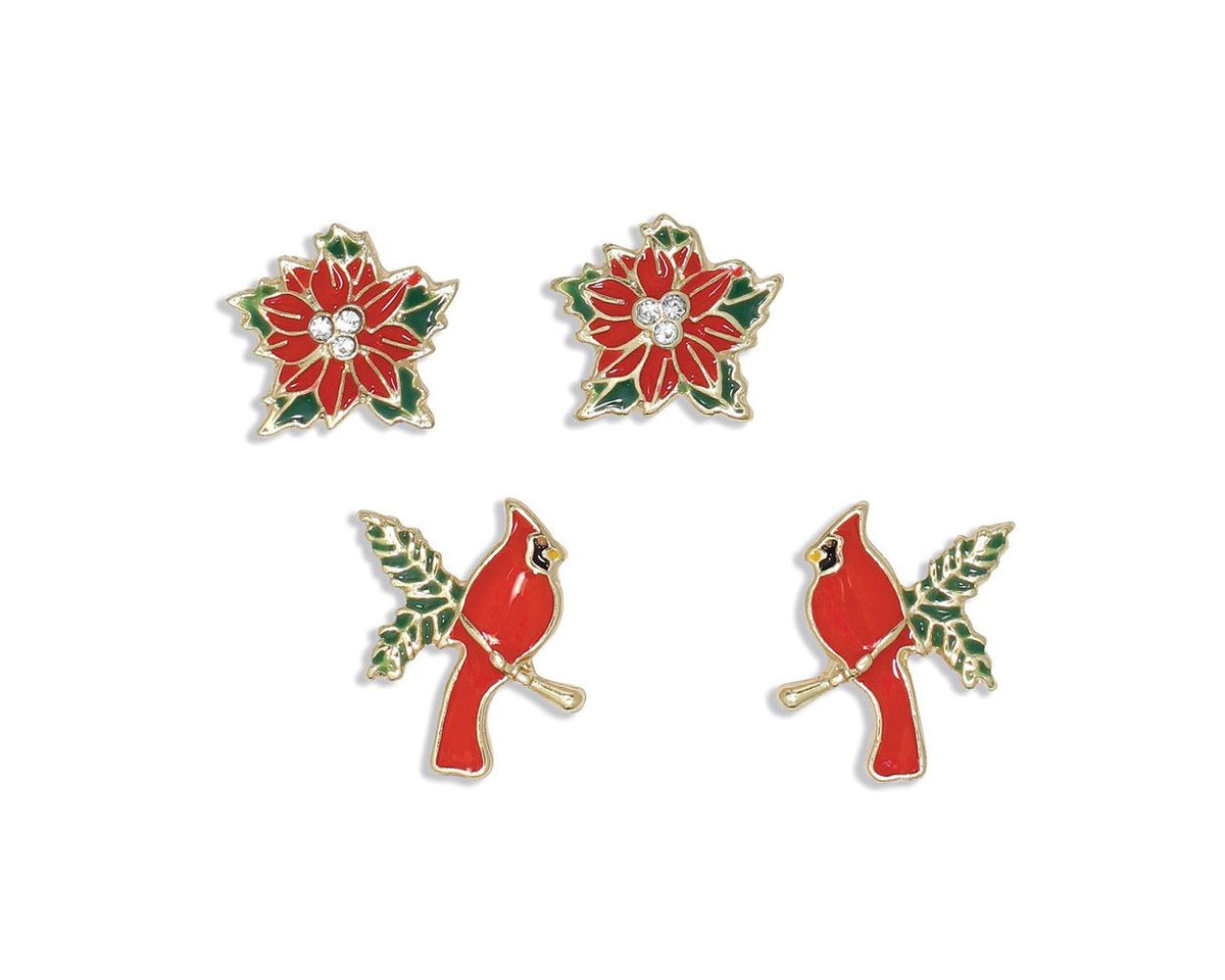 Poinsettia and Cardinal Post Earrings (Set of 2)