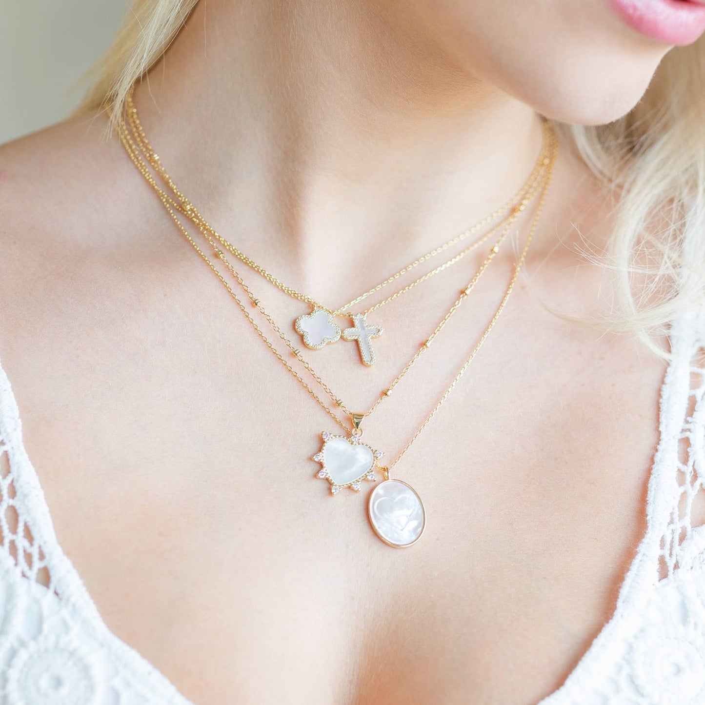 Good Fortune, Shell Pave Quatrefoil Necklace
