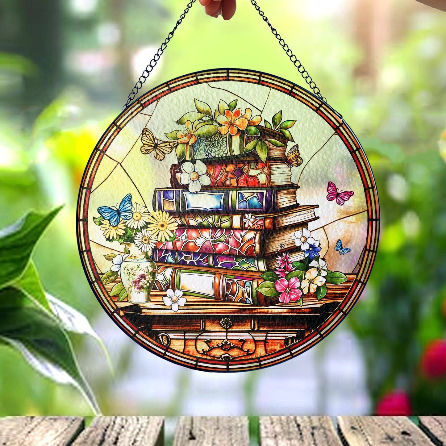 Flower Book Stained Glass Suncatcher, Book Club Ornament