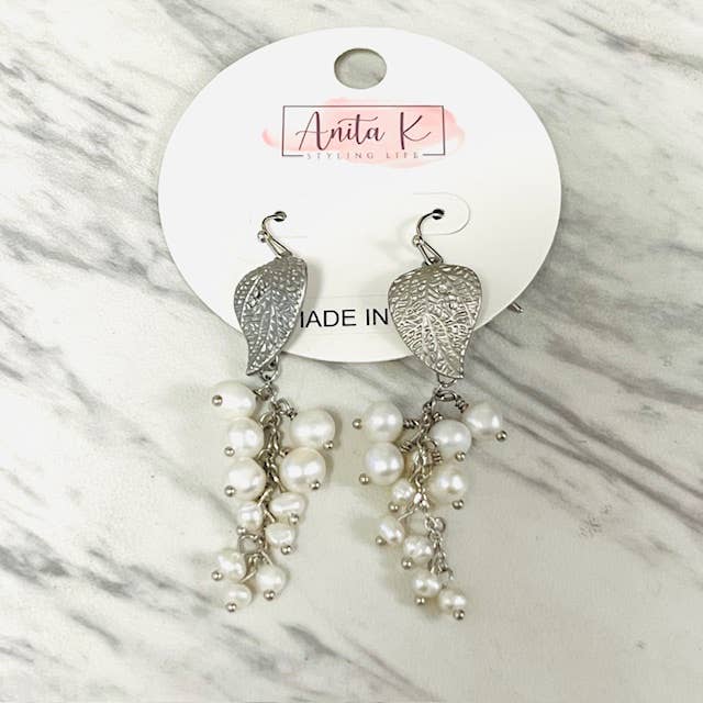 Anita K By Blushing Pink - Brass Leaf with Freshwater Pearl Cluster Drop Earring