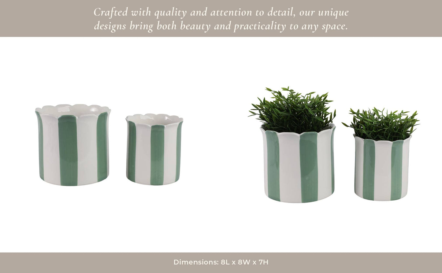 Sagebrook Home - Planters Set of 2 - Green/White Ceramic Striped, 6/8 in.