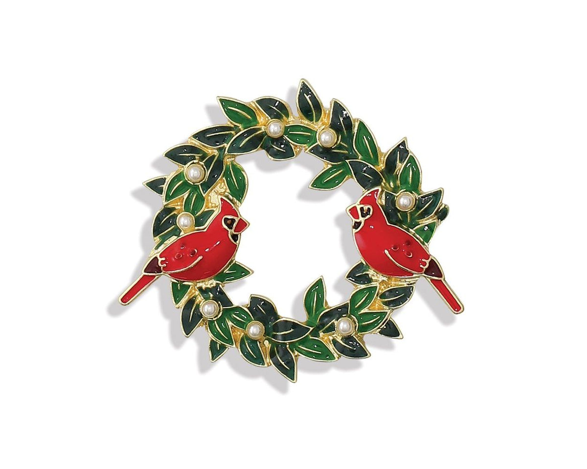 Cardinal on Holly Wreath Pin