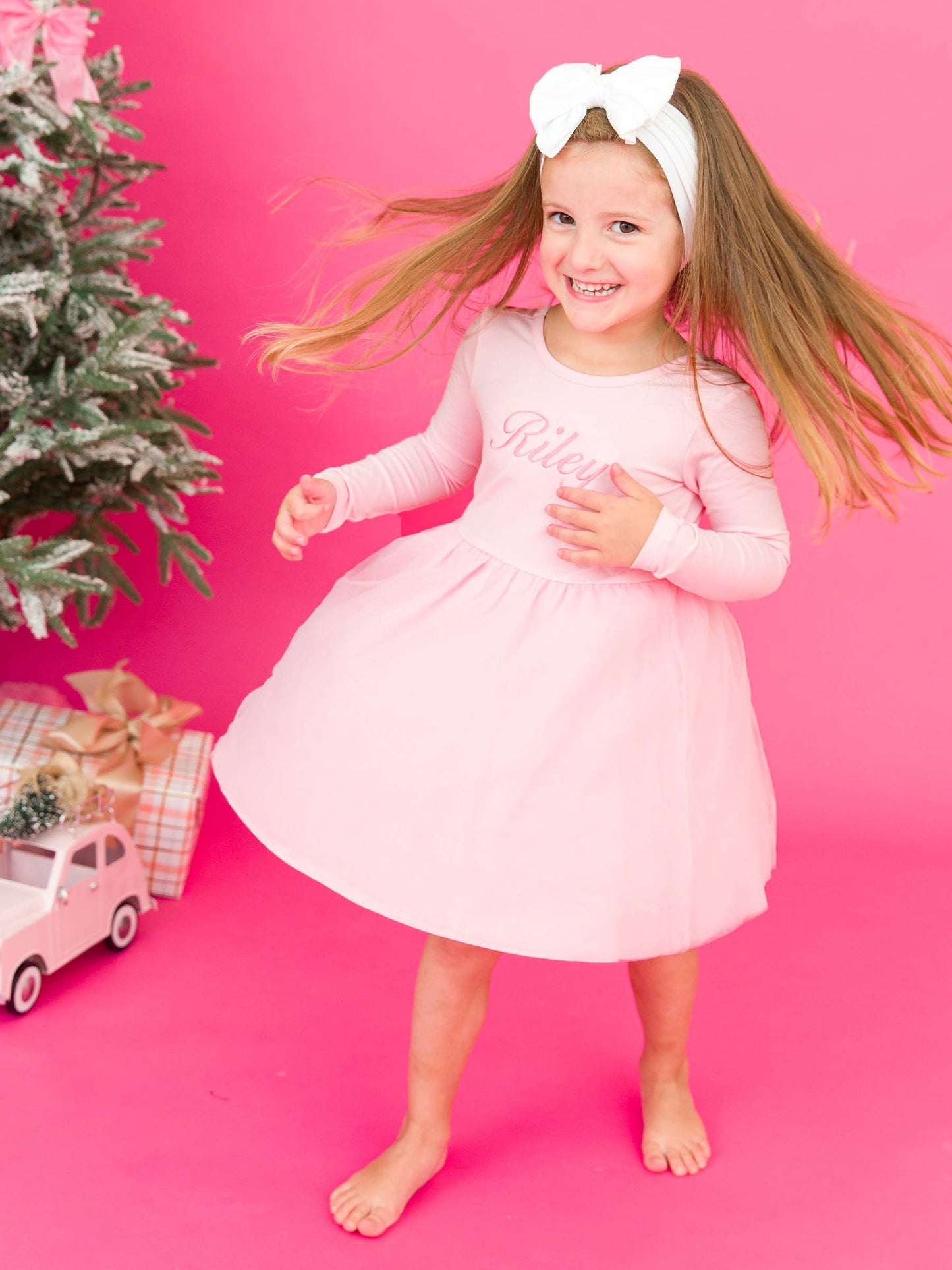 RuffleButts + RuggedButts - Girls Pink Long Sleeve Tulle Twirl Dress