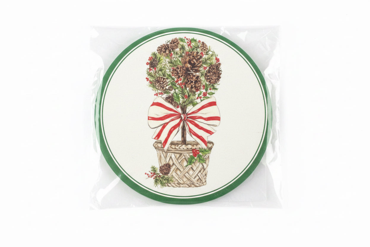 Round Disposable Coaster Set-Hand Painted Pinecone Topiary-20 ct