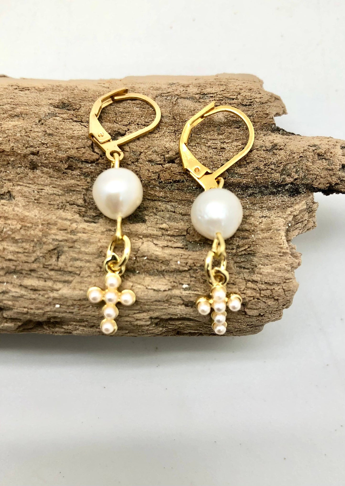 Earring Freshwater Pearl w/Glass Pearl Cross Drop FrenchHook