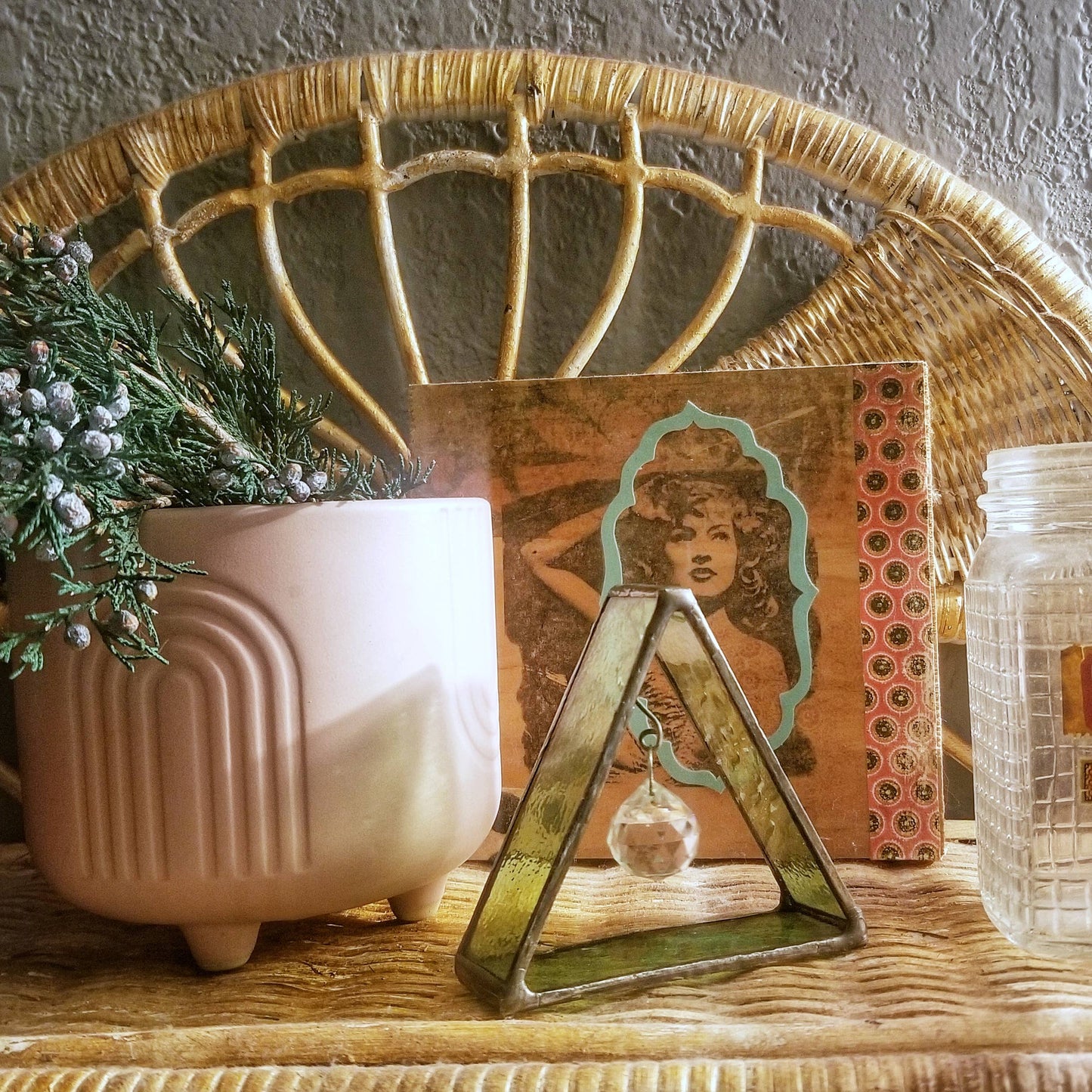 Hand Crafted Stained Glass Triangle w/Crystal Prism