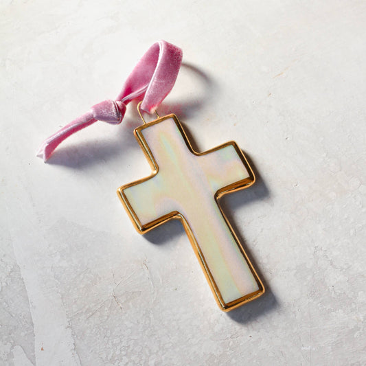 Apricity Ceramics - Iridescent Cross Ornament with Gold | Handmade Holiday