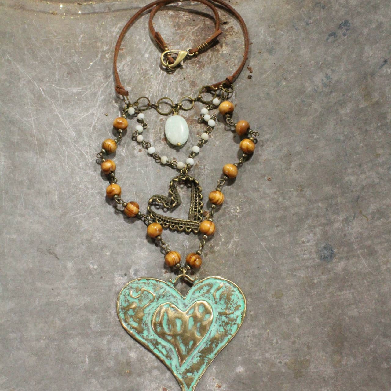 Verdigris Leather Heart Layered Necklace