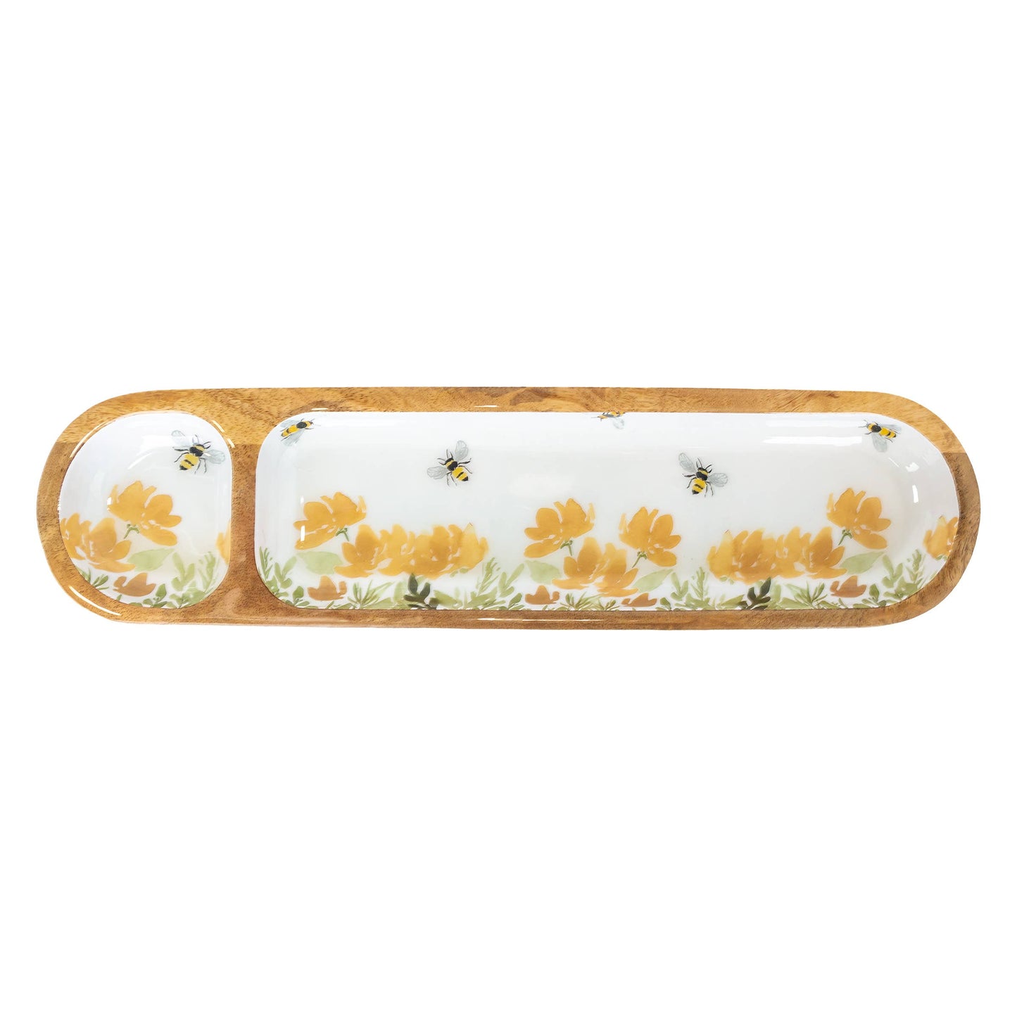 16" Long Bee Field 2 Sectioned Mango Wood Tray