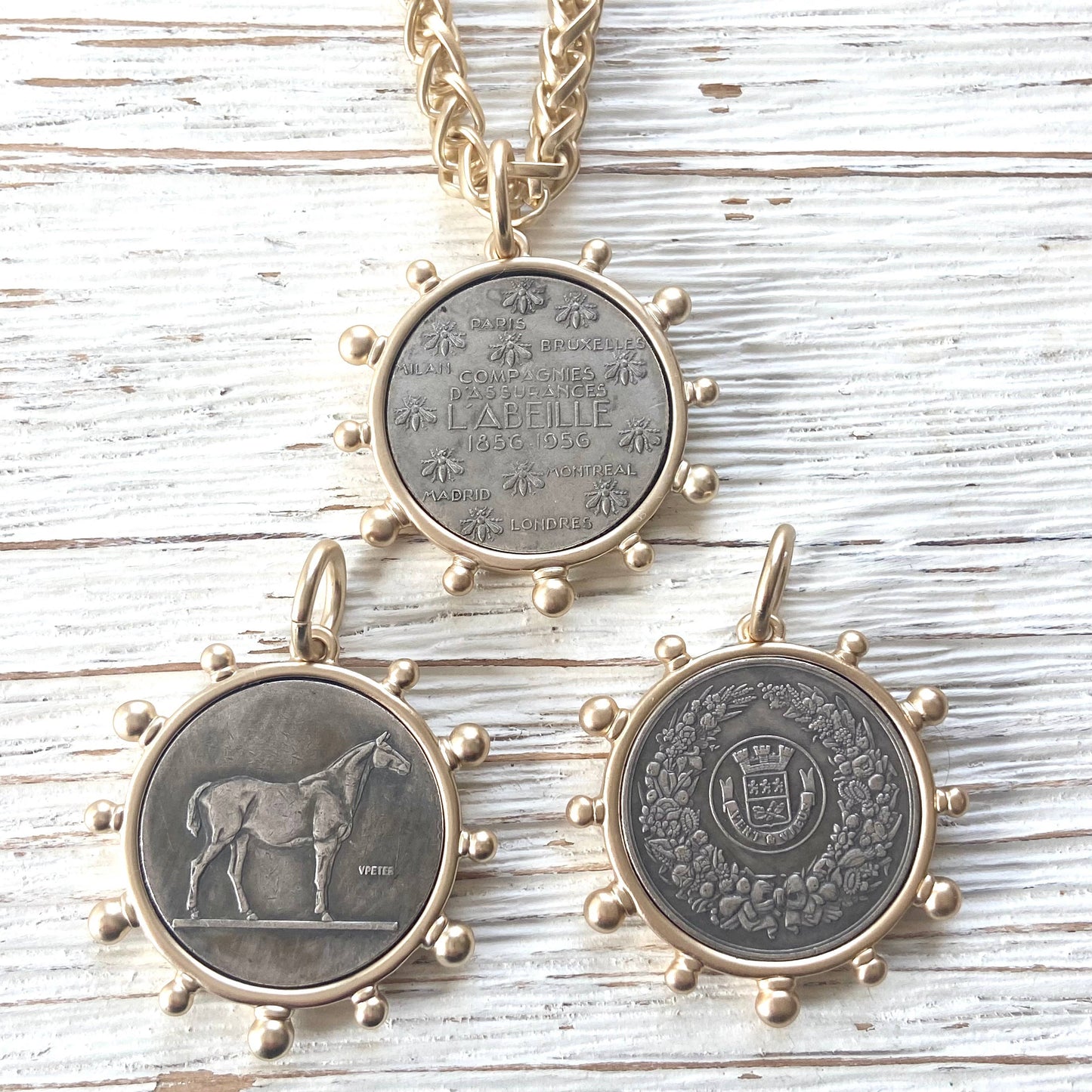 Matte gold horse French Bee coin necklace boutique