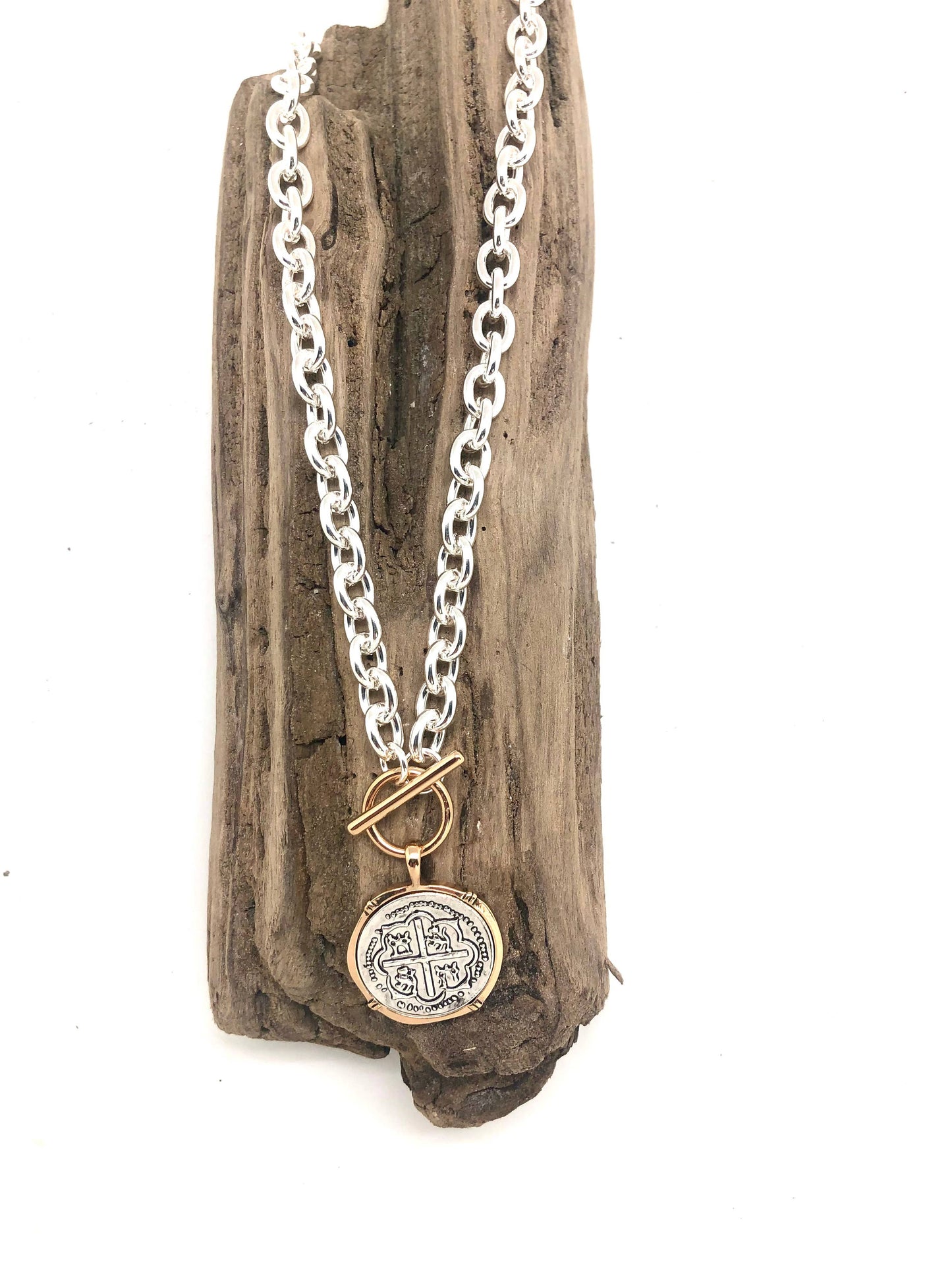 Necklace Alloy Plated Silver LInk Chain w/Cross Charm 18”