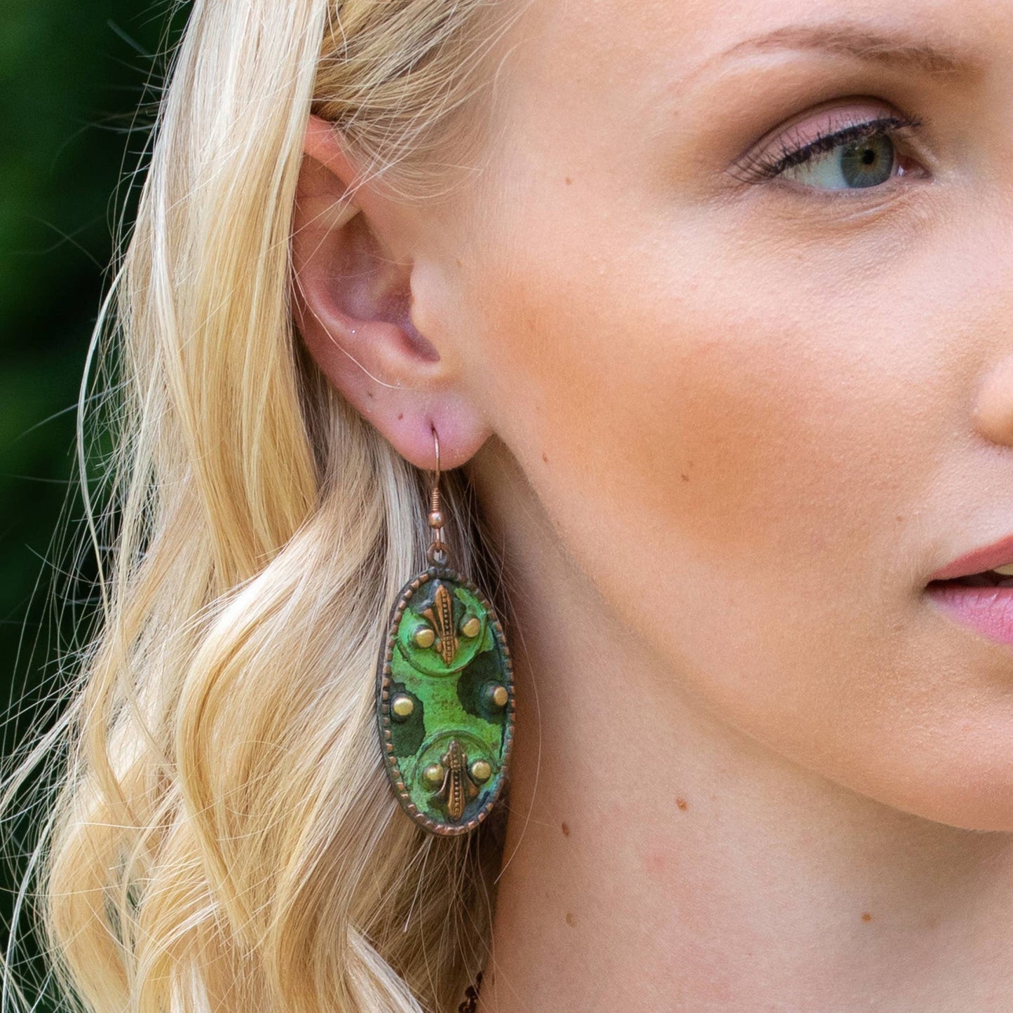 Copper Patina Earrings -Filigree in Green Ovals