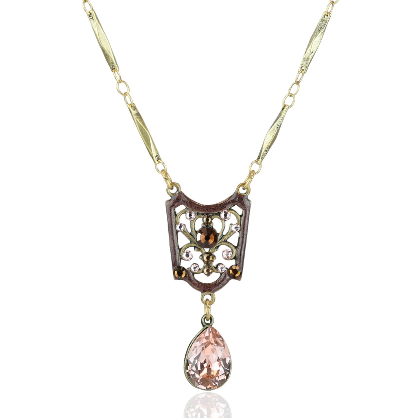 Art Nouveau Auburn Brown and Pink Crystal Teardrop Necklace