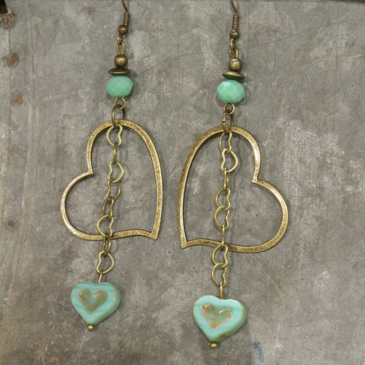Turquoise Czech Heart Dangle Earrings
