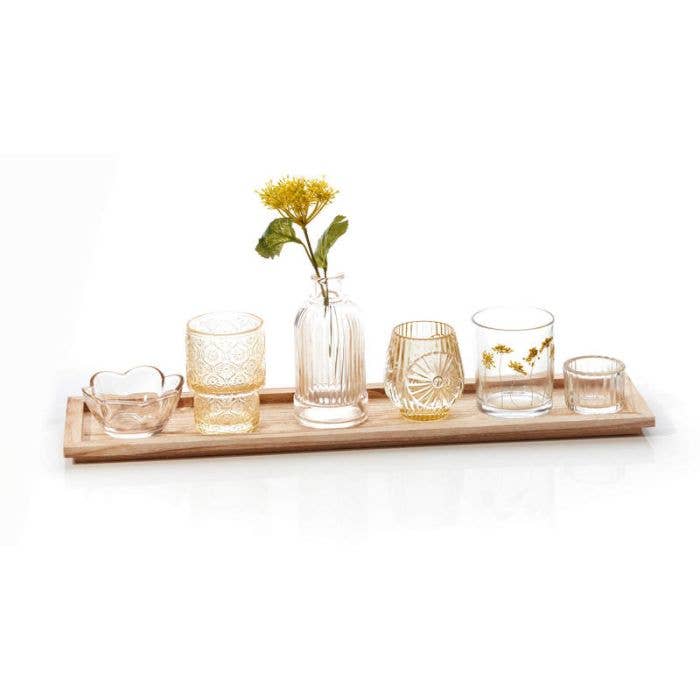 Paulownia Wood Tray, Glass Vase, Votives & Faux Flower