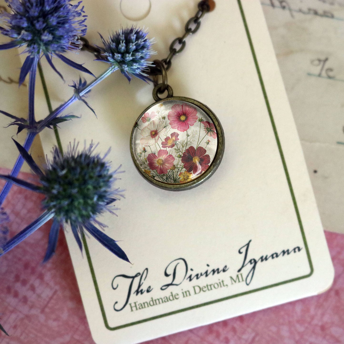 Cosmo Flower Simple Reversible Glass Cabochon Necklace