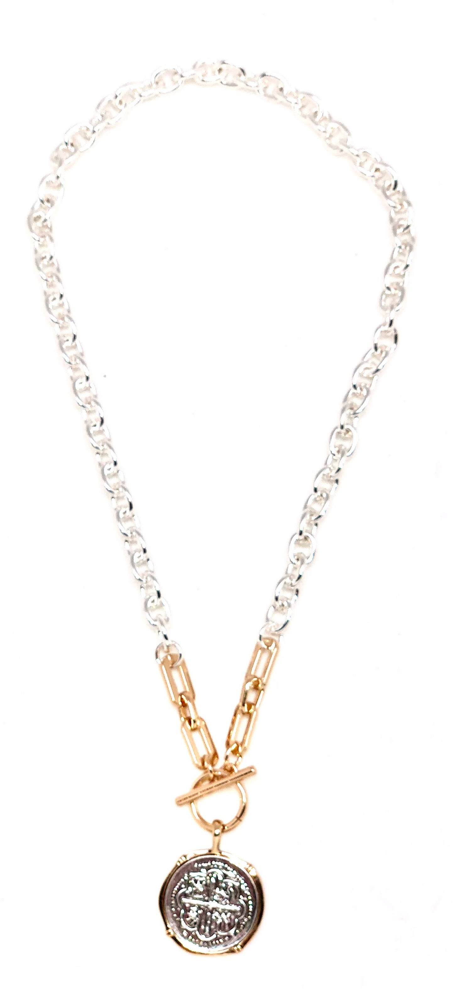 Necklace Alloy Plated Silver Link Chain w/Coin Drop 18”