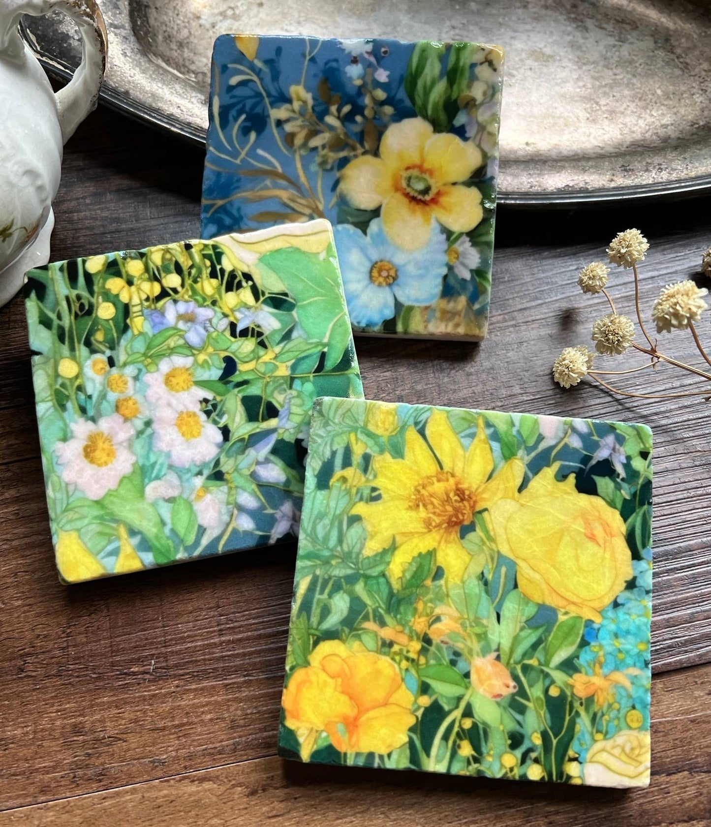 Posavasos de piedra The Painted Lily - Acuarela Garden Sunshine - caja de 6