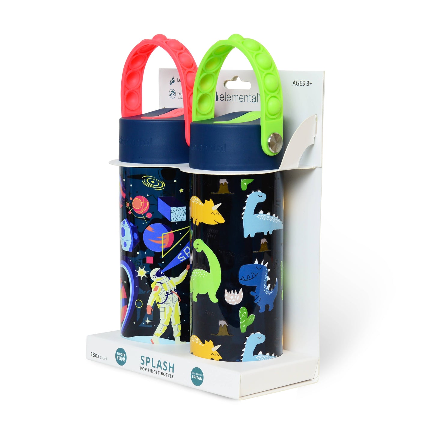 Fidget Handle Kids Tritan Bottle 2Pk 18oz Space/Dino Navy