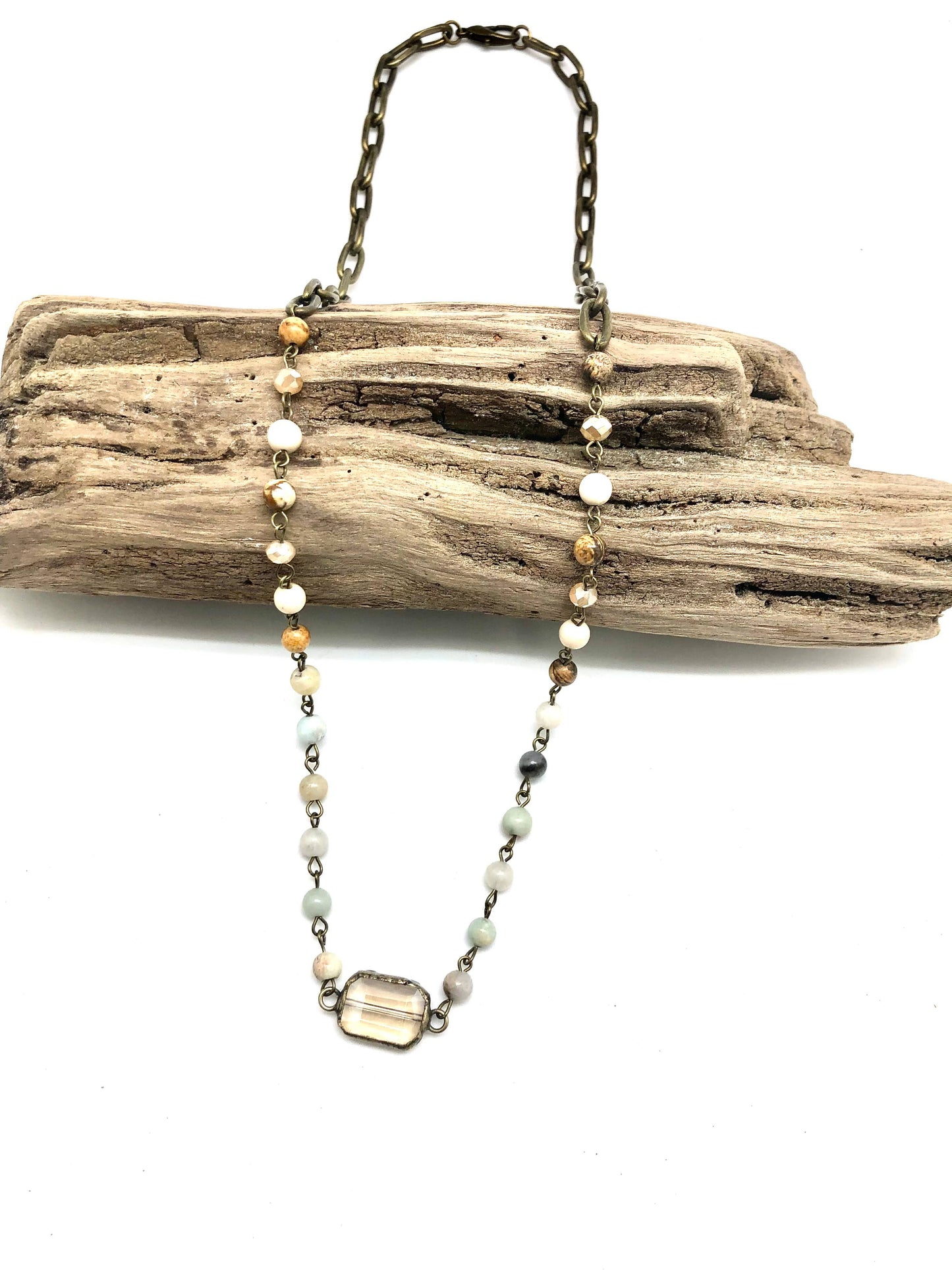 Necklace Antique Gold with Amazonite,Jasper Chain w/Rect.25”