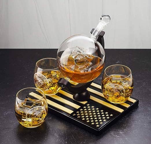 U.S. Marine Globe Whiskey Decanter Set with 4 Liquor Glasses