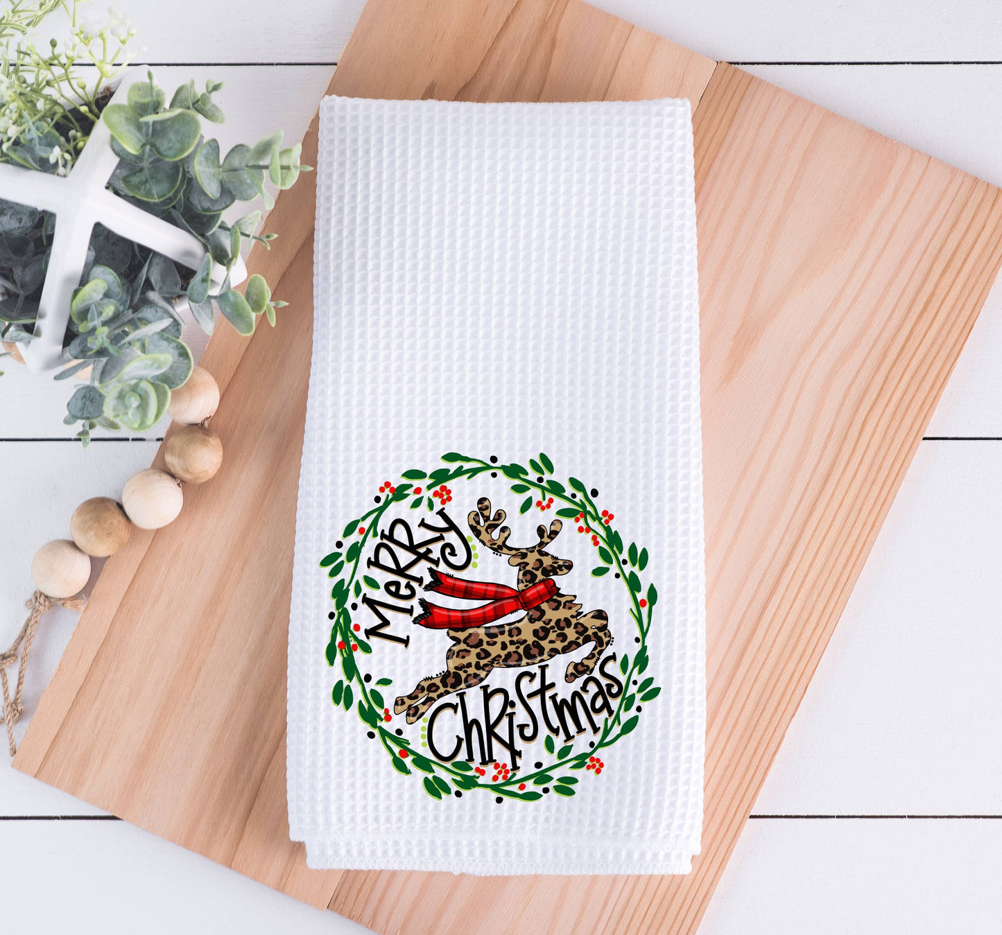 Merry Christmas Leopard Reindeer Wreath Kitchen Towel