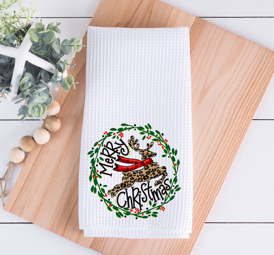 Merry Christmas Leopard Reindeer Wreath Kitchen Towel