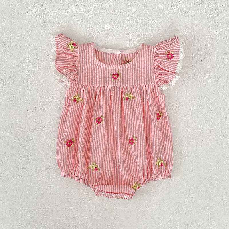 Stripe Floral Embroidery Girls Romper Ruffle Sleeve-Pink/ Blue: Pink / 12M