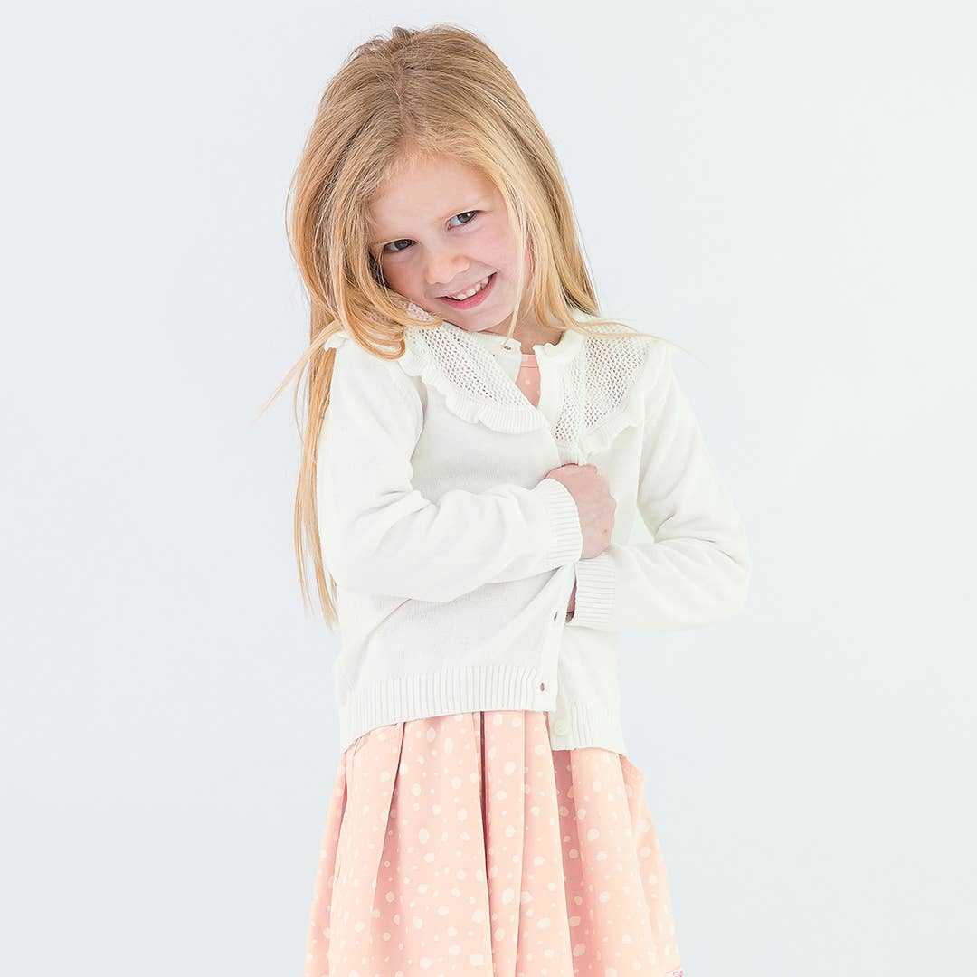 Girls Off-White Sweater Knit Ruffle Trim Cardigan