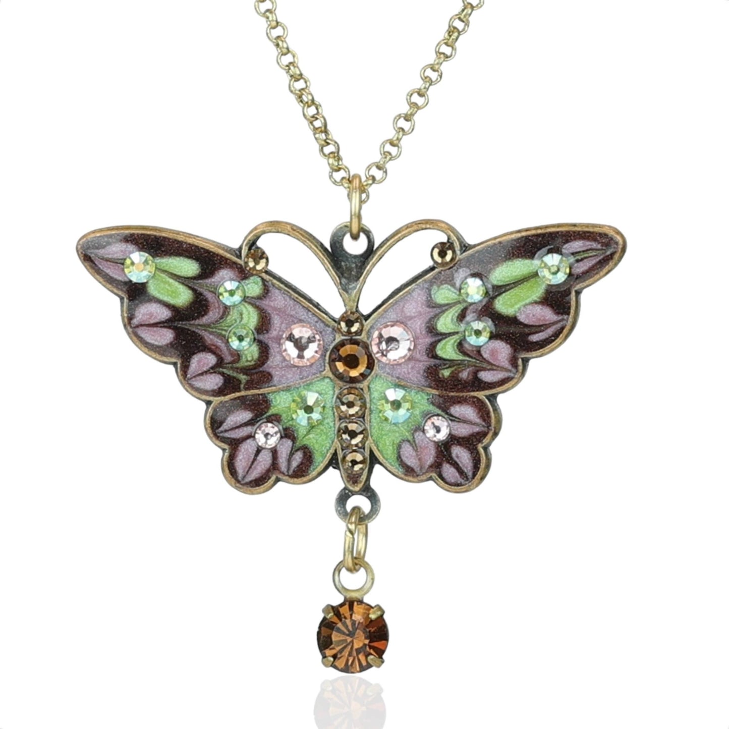 Lovely Rose Green and Brown Butterfly Crystal Drop Necklace