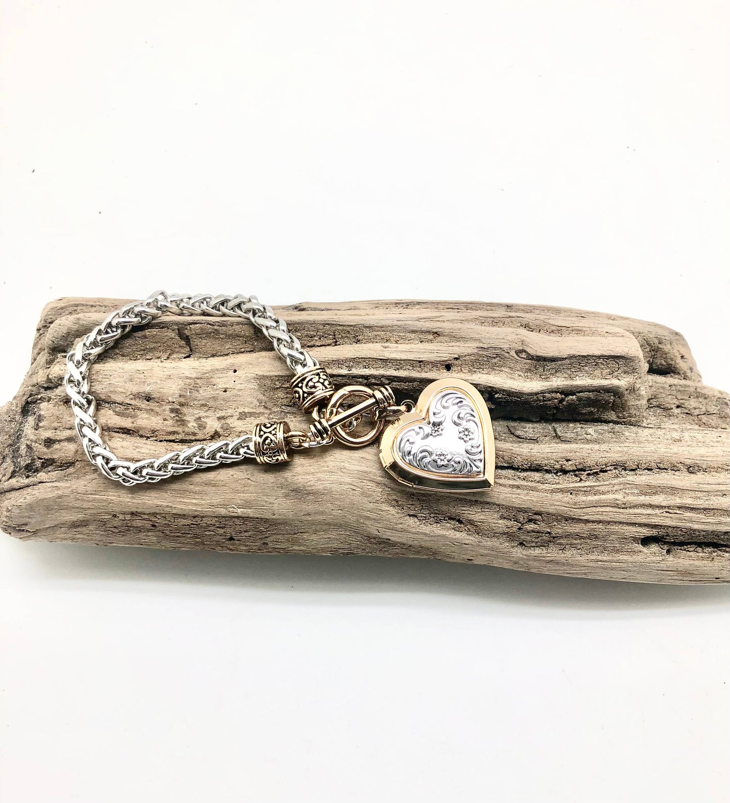 Bracelet Alloy Plated Rope Chain Two Tone w/Heart LocketGold