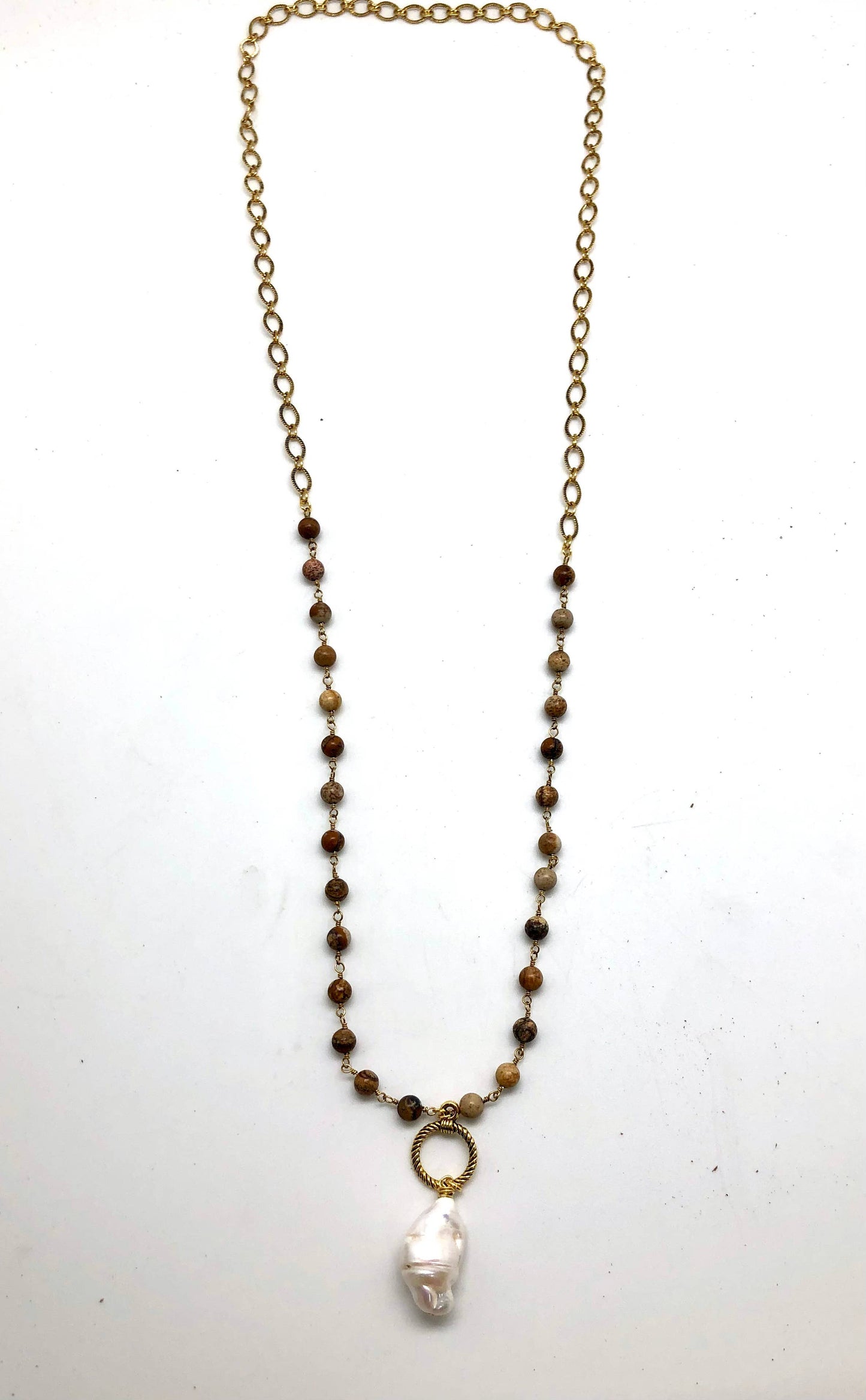 Necklace Long Picture Jasper(6mm) w/Baroque Pearl 34”