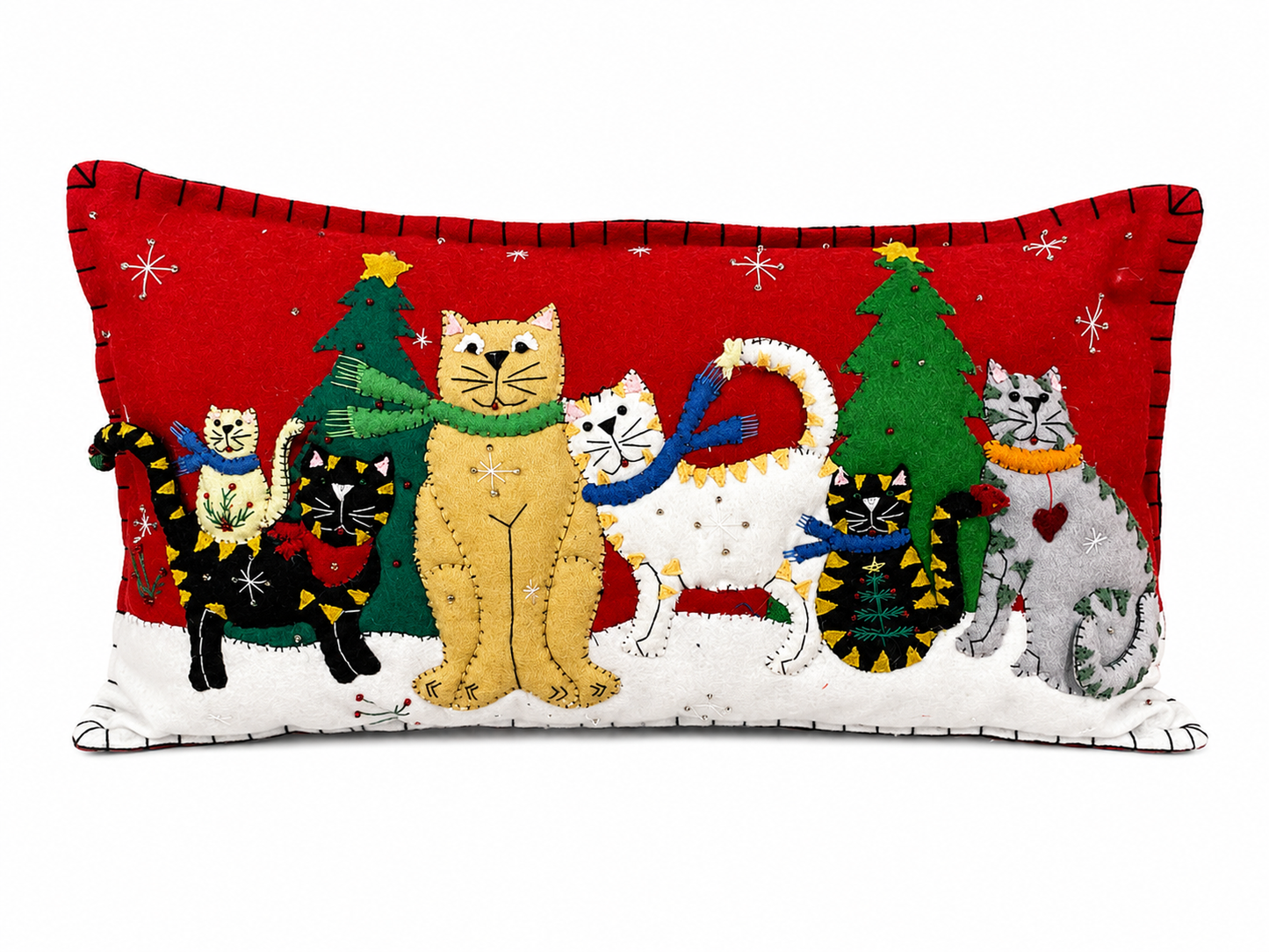 Red pillow adorned with holiday cats 11x19