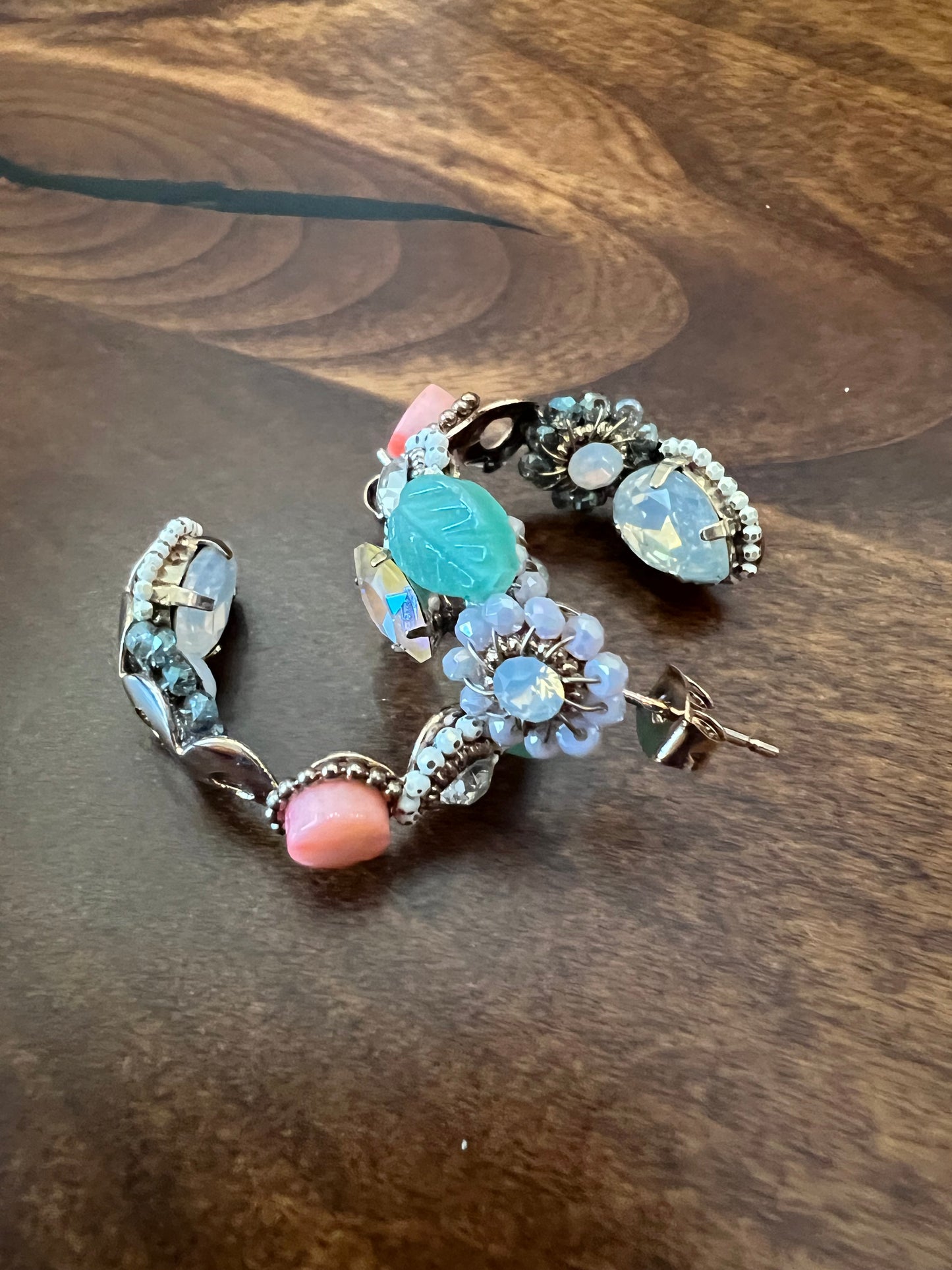 Unique Jade, Coral and Crystal Hoop Earrings