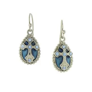 Silver Tone Blue Crystal and Enamel Cross Drop Earrings