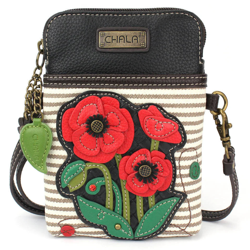 Cell Phone Crossbody Bag-Red Poppy-Gray Stripe