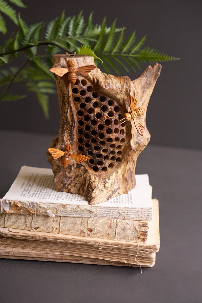 Repurposed Tabletop Wood Sculpture with Hand-Carved Bees