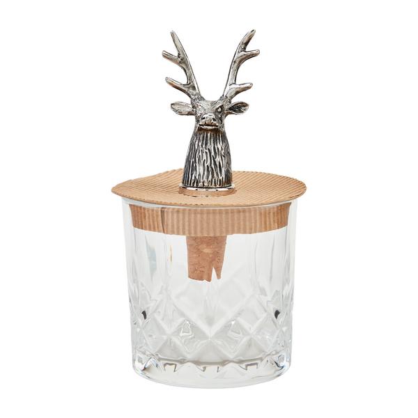 Double Old-Fashioned Glass w/ Tall Antler Deer Bottle Stopper Set
