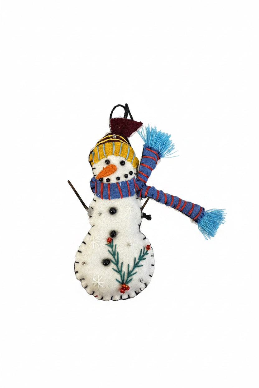 Small snowman blue scarf ornament