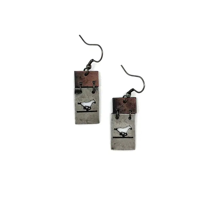 Pewter Earrings - Running Horses in Rectangle