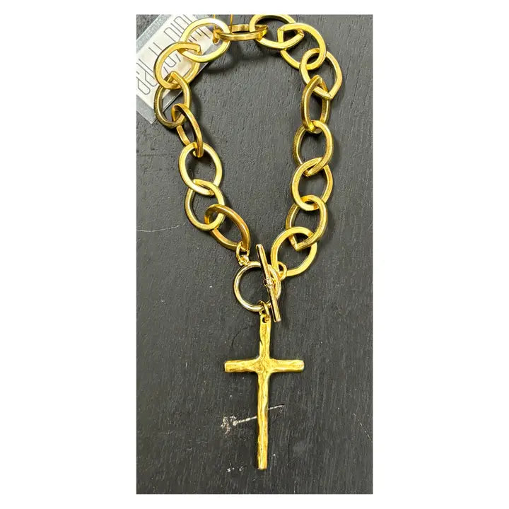 Gold Plated Toggle Bracelet with Antique Gold Cross Pendent