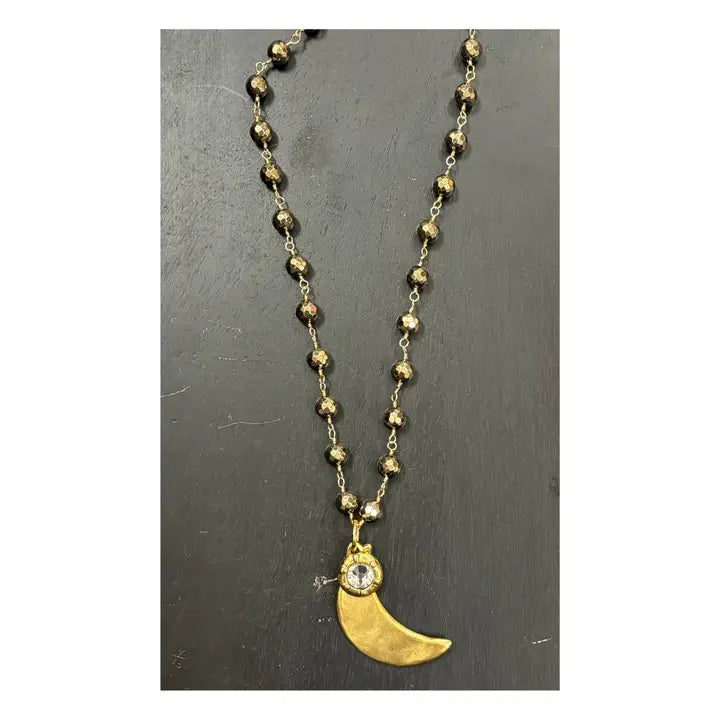 17" Pyrite Necklace with Crystal and Antique Gold Moon
