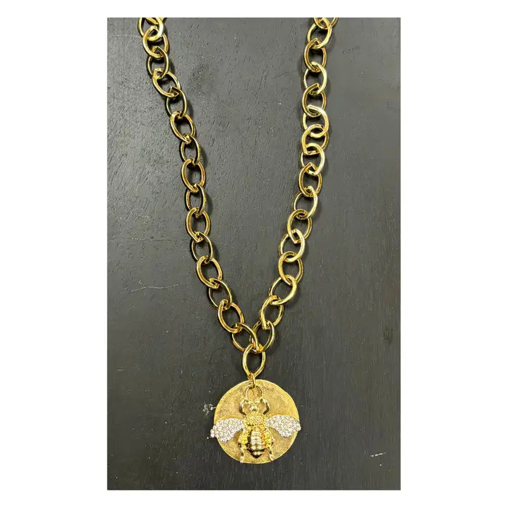 17" Gold Plated Chain Necklace with Gold Pewter Disc and Pave' Bee