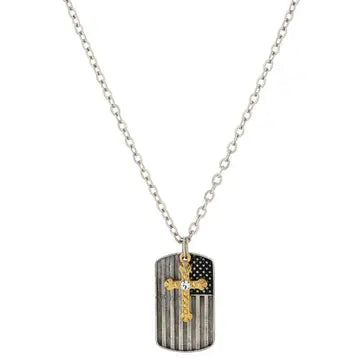 Silver-tone Flag Dog Tag with Gold-tone Cross Necklace
