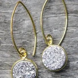 Pendientes marquesa de drusa con bisel de oro - Plata