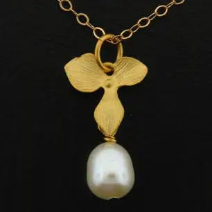 Gold White Pearl Orchid Necklace