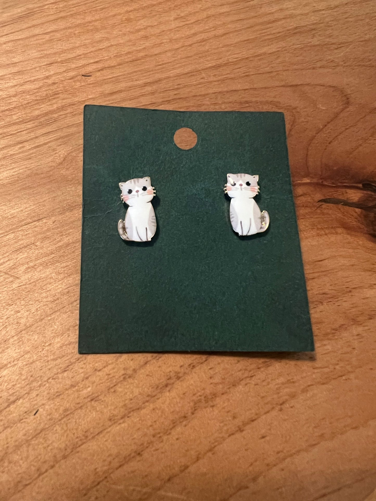 Enamel Style Gray and White Kitty Earrings