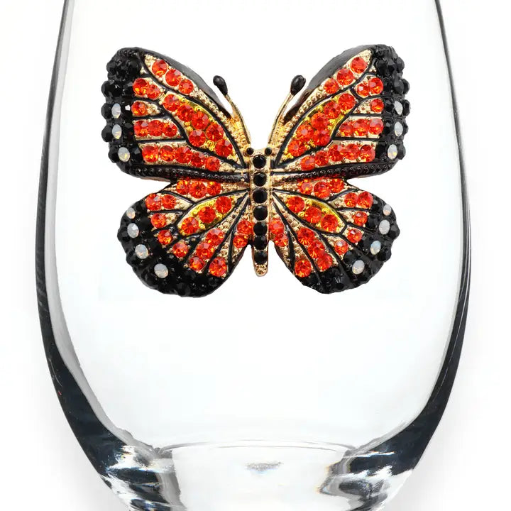 Monarch Butterfly Jeweled Stemless Wine Glass