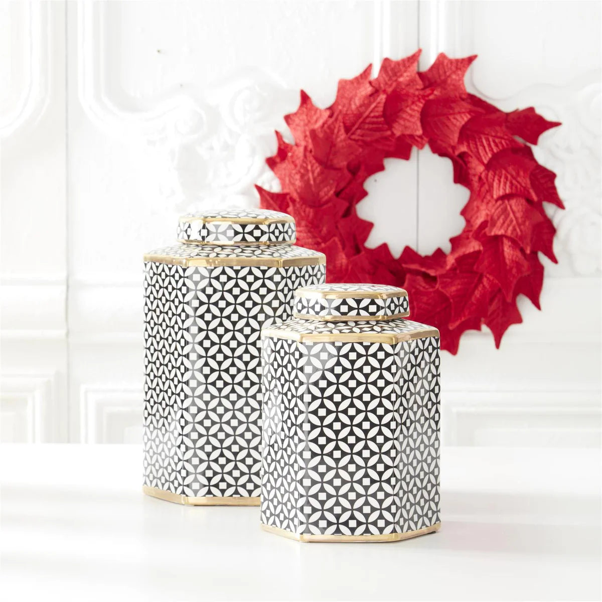 Black & White Circle w/Diamond Pattern Lidded Jars-Set of 2